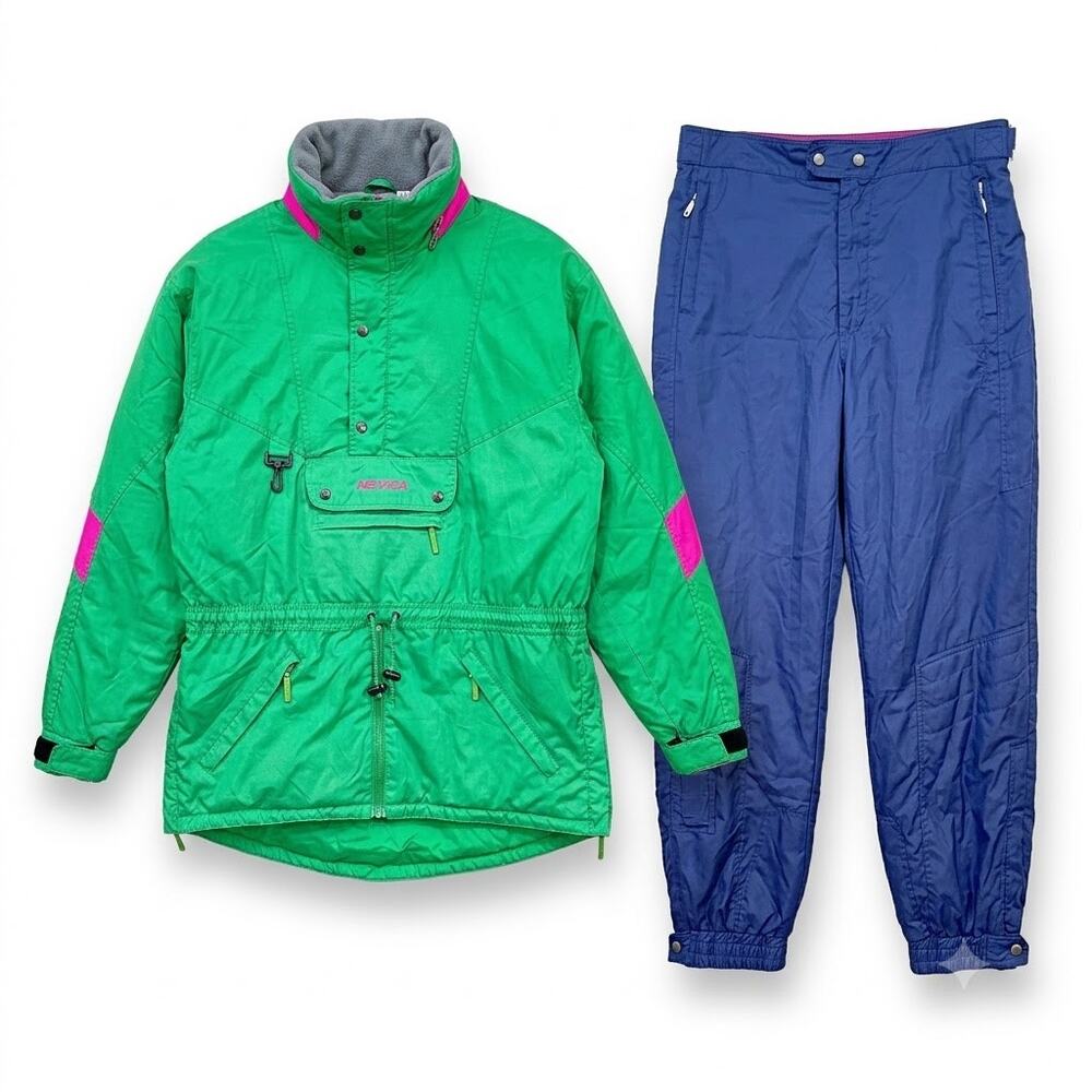 Nevica 2pc Ski Parka Snowsuit Neon Green Blue Vintage Mens 40 Jacket 36 Pants